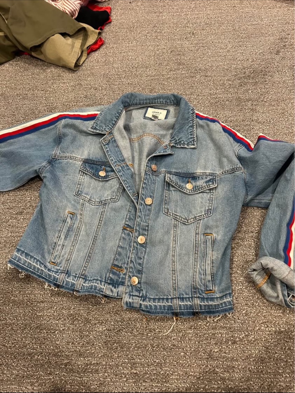 Denim Jacket with Red & Blue Sleeve Stripes